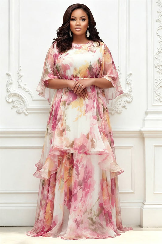 Xpluswear Design Plus Size Formal Pink Floral Round Neck Short Sleeve Ruffle Chiffon Maxi Dresses [Pre-Order] Pink-3XL/2