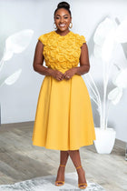 Xpluswear Design Plus Size Cocktail Party Yellow Round Neck 3D Pocket Midi Dresses [Pre-Order] Yellow-2XL/18-20