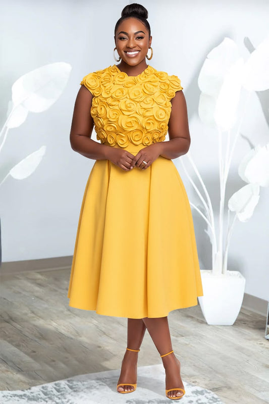 Xpluswear Design Plus Size Cocktail Party Yellow Round Neck 3D Pocket Midi Dresses [Pre-Order] Yellow-2XL/18-20