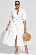 Xpluswear Design Plus Size Vacation White Shirt Collar Half Sleeve Pocket Midi Dresses [Pre-Order] White-L/10-12