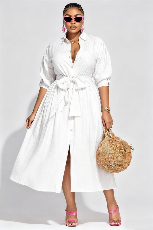 Xpluswear Design Plus Size Vacation White Shirt Collar Half Sleeve Pocket Midi Dresses [Pre-Order] White-L/10-12