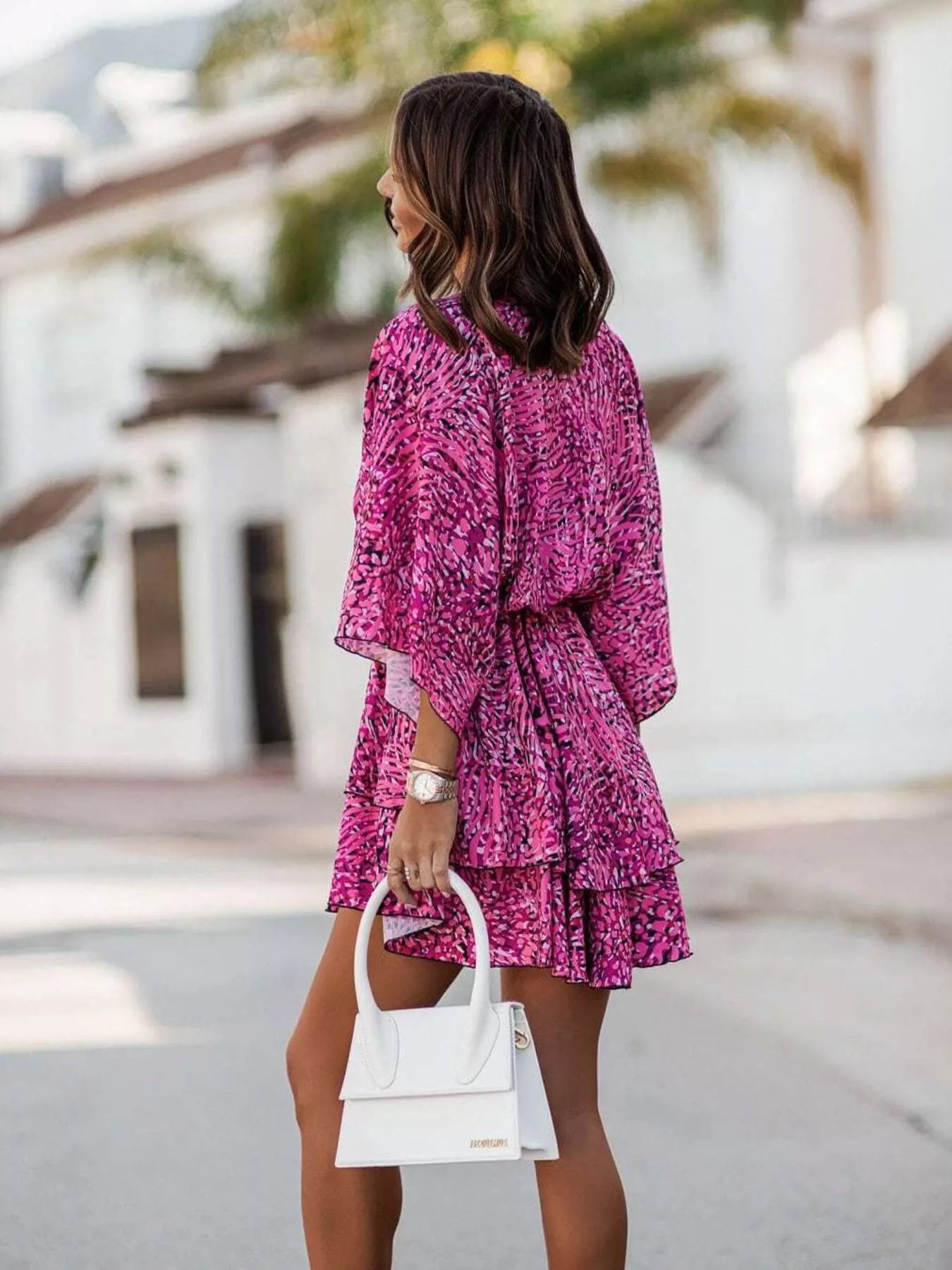 Vivid Violet Layered Printed Surplice Mini Dress - Fuchsia Pink / 2XL