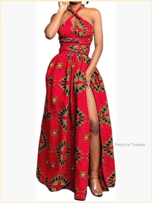 Multi-Way Pleated Floral Print Maxi Dress V-Neck Sleeveless | Color: Red | Size: Various