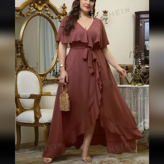 Shein Dresses | Ruffle Wrap Chiffon Dress, Size 3x | Color: Brown | Size: Xxxl