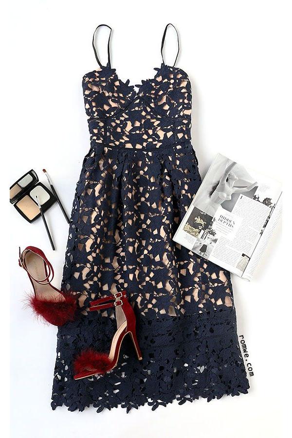 length Homecoming Dress Margot Navy Lace Ankle Dress