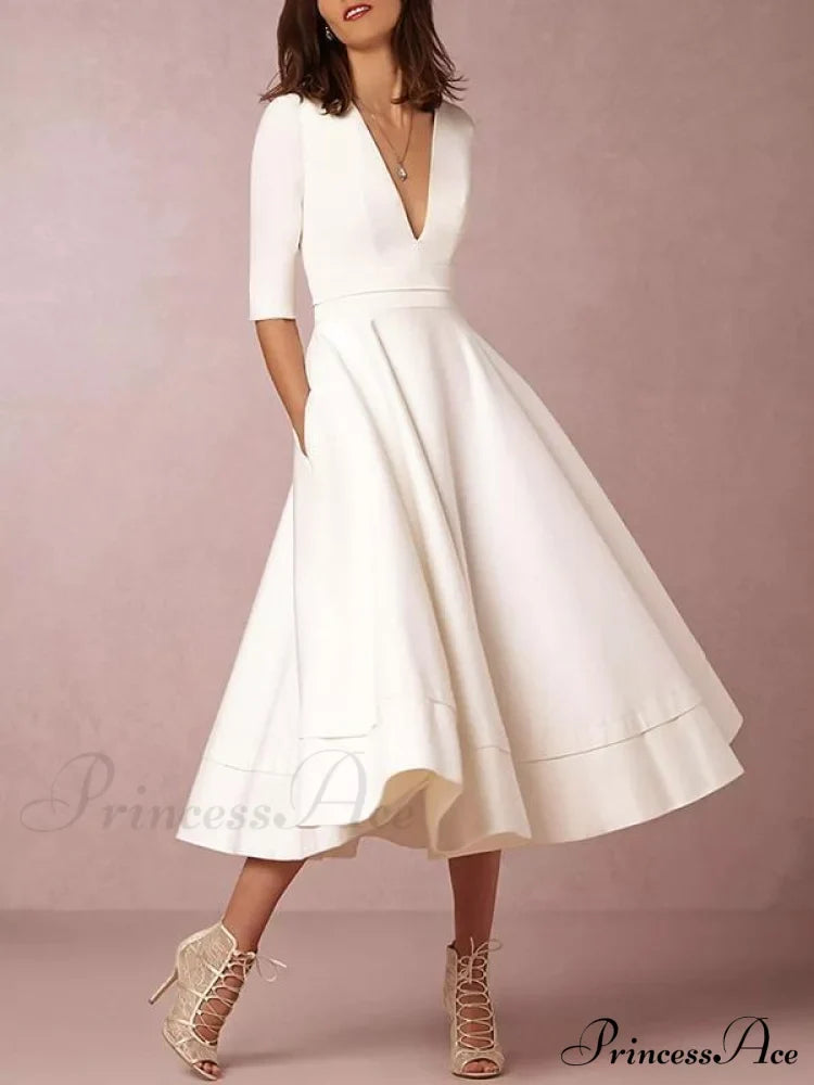 White Isabelle V-Neck Evening Dress in Ivory