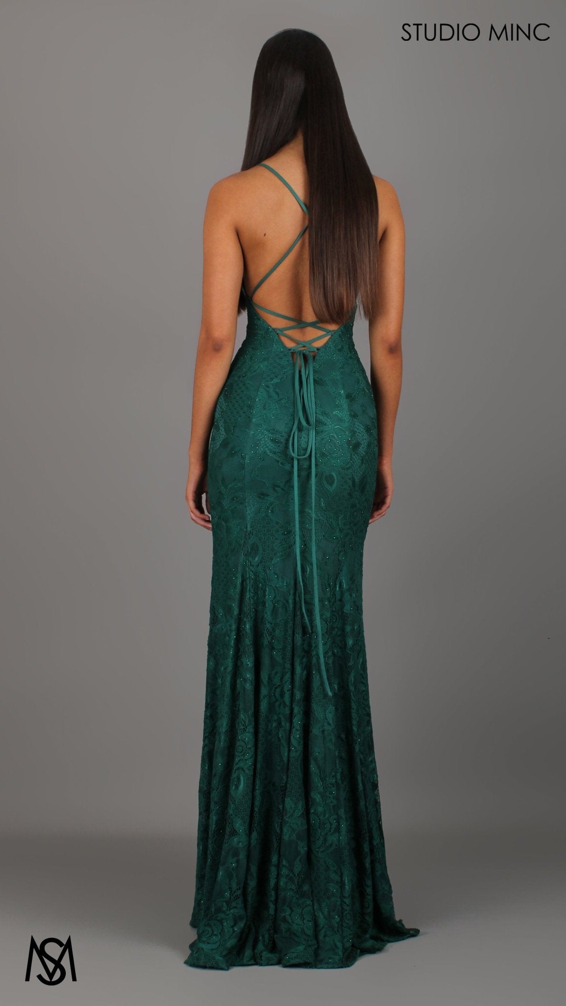 Emerald Green formal dress | lace V neckline fitted mermaid lace up Jasmine Lace Mermaid Dress