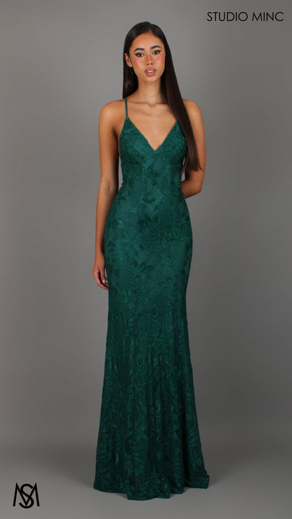 Emerald Green formal dress | lace V neckline fitted mermaid lace up Jasmine Lace Mermaid Dress