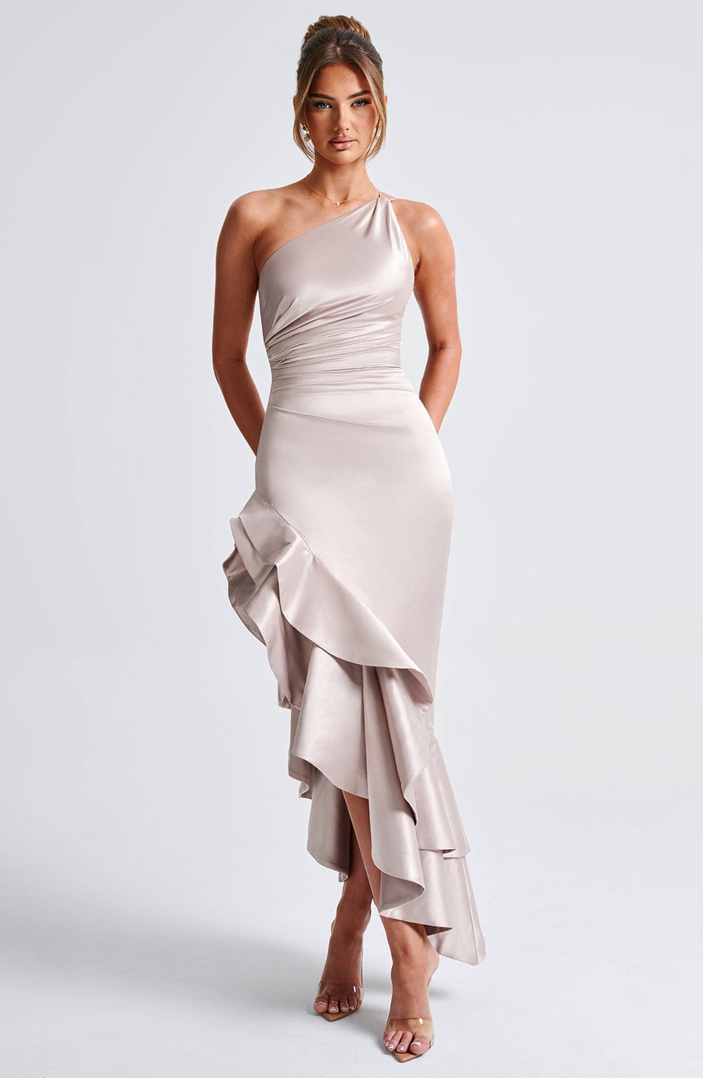 Champagne Esmeraya Silk Maxi Dress in Blush