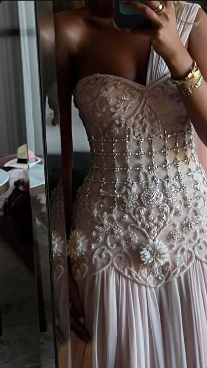 Picture Color Vivienne One-Shoulder Beaded Chiffon Gown