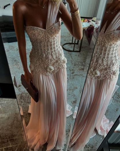 Picture Color Vivienne One-Shoulder Beaded Chiffon Gown