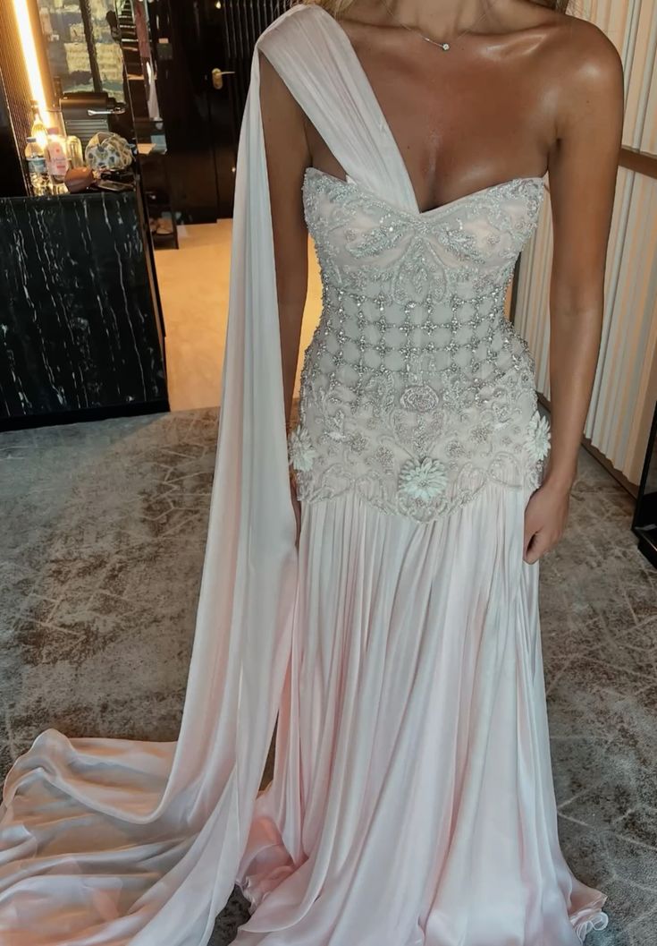 Picture Color Vivienne One-Shoulder Beaded Chiffon Gown