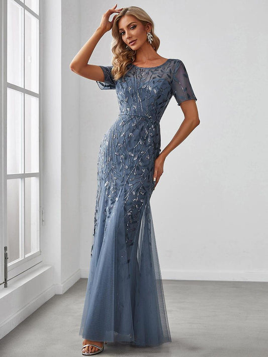 Dusty Blue Evangeline Sequin Tulle Fishtail Gown