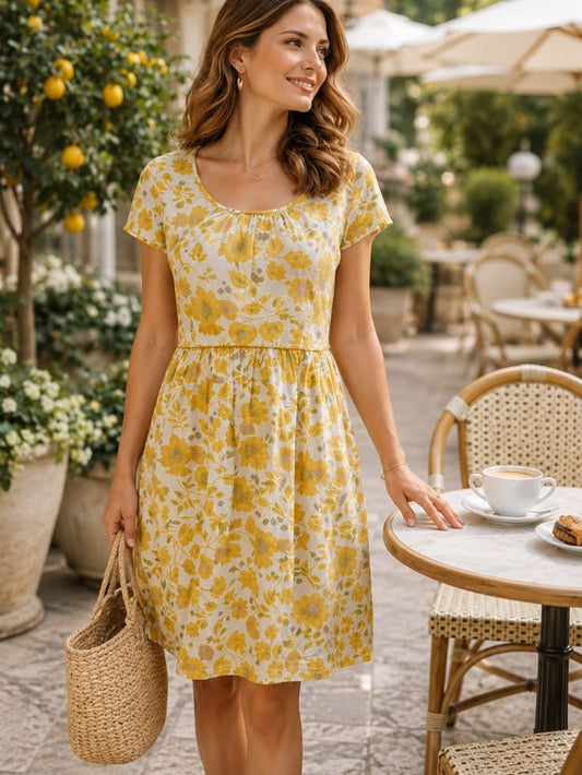 Boden Dresses | Boden Linen Dress Yellow Floral A Line Knee Length Summer Cottagecore Cap Sleeve | Color: Yellow | Size:
