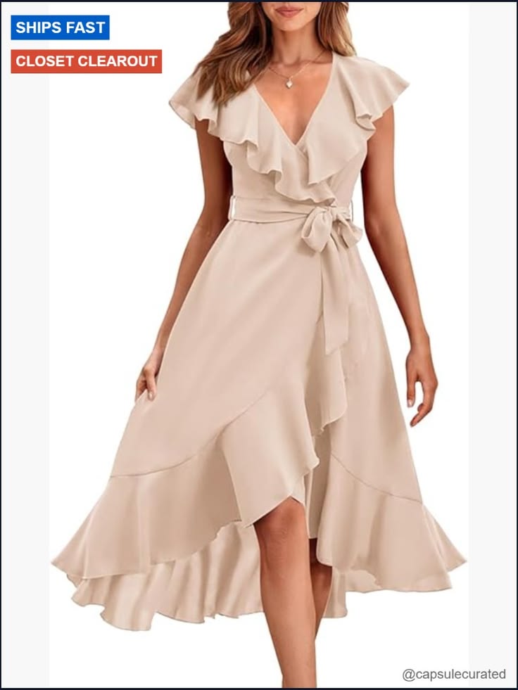 Sleeveless Cross V Neck Midi Dress With Ruffle Hem Tie Waist | Color: Red | Size: Various