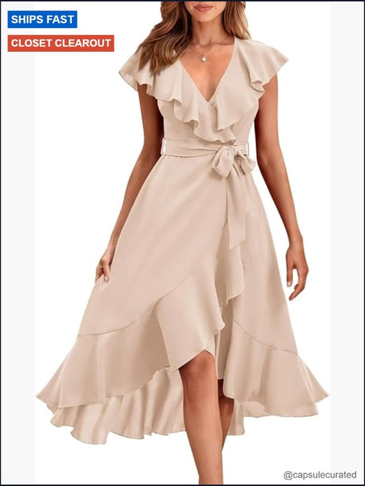 Sleeveless Cross V Neck Midi Dress With Ruffle Hem Tie Waist | Color: Red | Size: Various