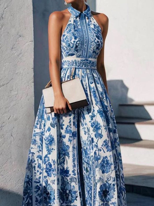 Made In Usa A-Line Loose Flower Print Split-Joint Lapel Maxi Dress Cotton Blend | Color: Blue/White | Size: Various