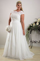 Sheath Scoop-Neck Long Cap-Sleeve Tulle Plus Size Summer Wedding Dress Destination With Appliques