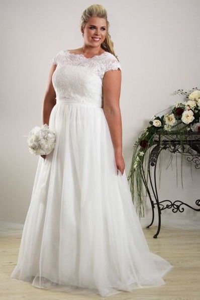 Sheath Scoop-Neck Long Cap-Sleeve Tulle Plus Size Summer Wedding Dress Destination With Appliques
