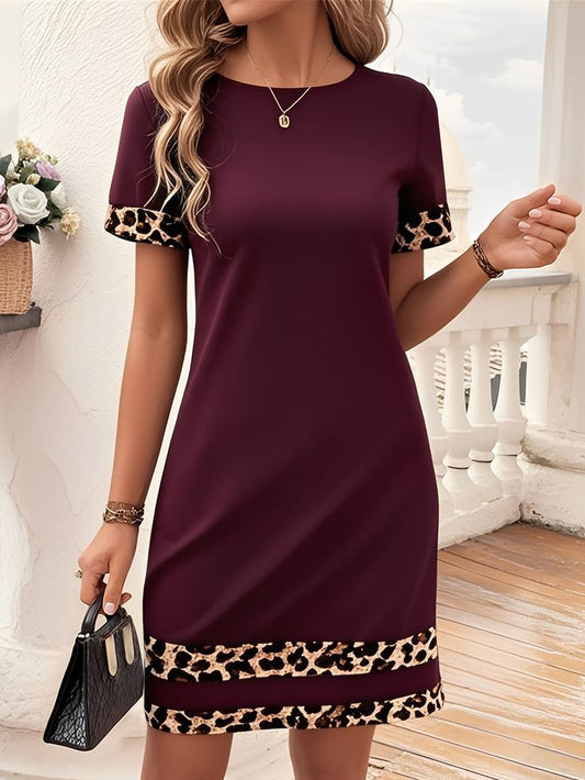 Leopard Print Patchwork Boat Neck Short Sleeve T-Shirt Dress,Burgundy/XS