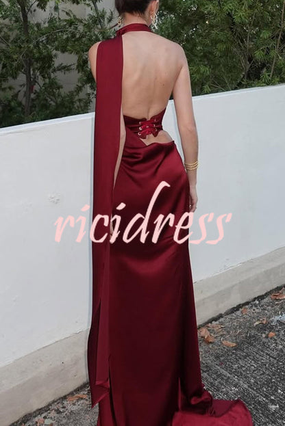 Wine Red Celeste Satin Maxi Dress