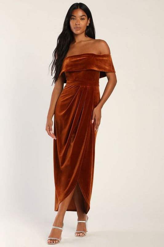 Isadora Velvet Off-Shoulder Maxi Dress in Rust