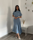 Elegant Blue A-line Chiffon Short Sleeve Tea Dress Formal Dress HZ1024 - As Photo / US 12