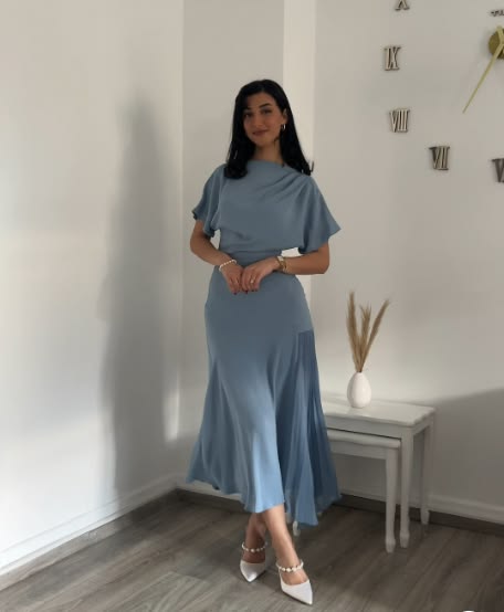 Elegant Blue A-line Chiffon Short Sleeve Tea Dress Formal Dress HZ1024 - As Photo / US 12
