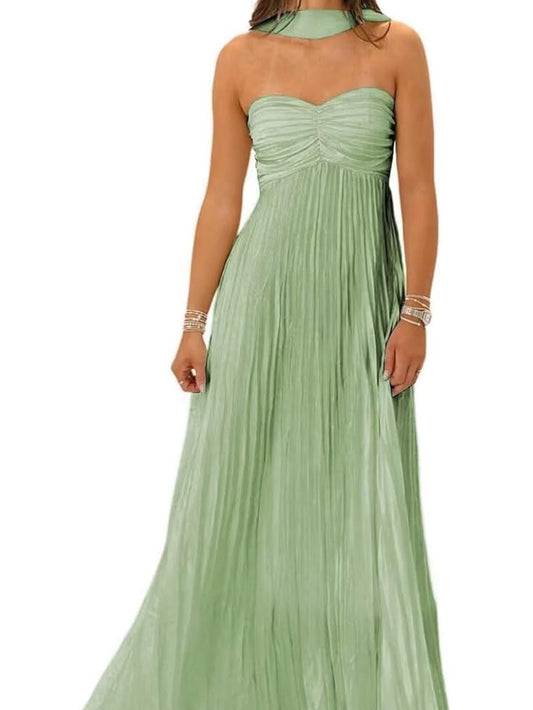 Isabelle Pleated Strapless Dress in Dusty Sage