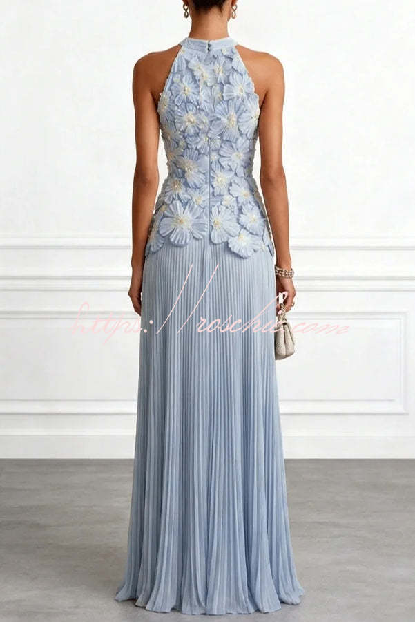 Blue Emilie 3D Floral Embroidered Halter Maxi Dress