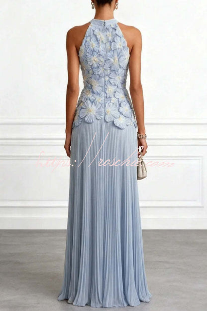 Blue Emilie 3D Floral Embroidered Halter Maxi Dress