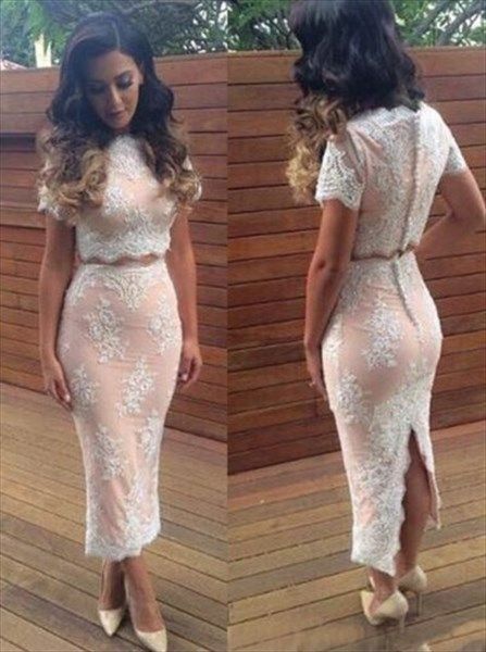 Two-Piece Short Sleeve Ankle Length Lace Sheath Prom Dress With Split SKU - FS2355