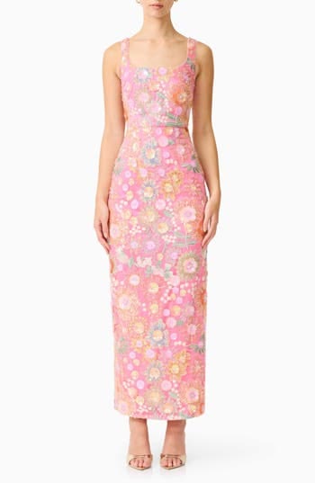 Elliatt Nathalie Sequin Floral Column Gown in Pink Floral at Nordstrom, Size Small