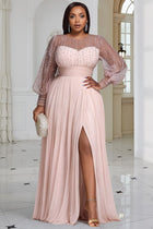 Xpluswear Design Plus Size Formal Champagne Round Neck Long Sleeve Split Elegant See Through Sequin Chiffon Maxi Dresses