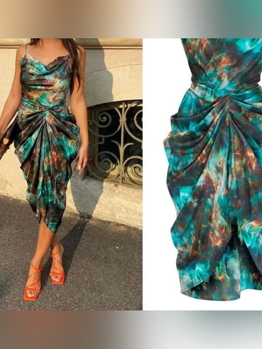 Prettylittlething Dresses | Prettylittlething Teal & Copper Marble Draped Midi Dress | Color: Black/Green | Size: 0