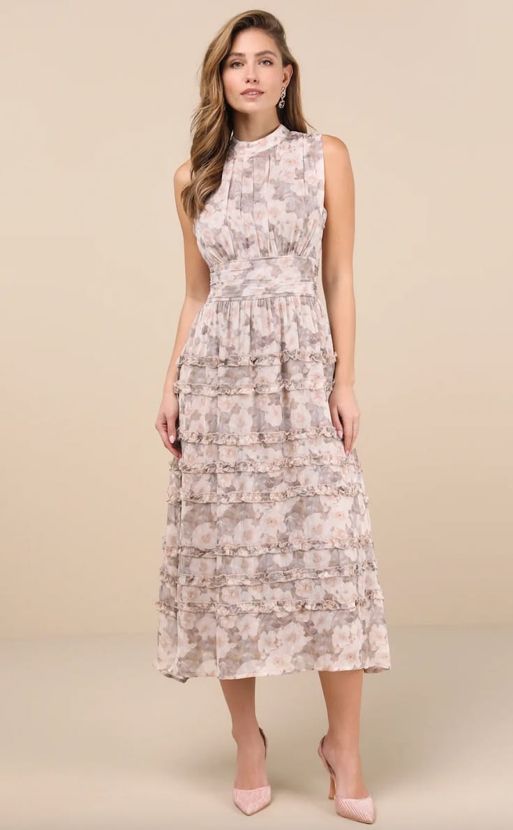 Lulus Dresses | Lulus Happily Sweet Beige Floral Mock Neck Backless Midi Dress Cocktail S Nwt | Color: Cream/Tan | Size: