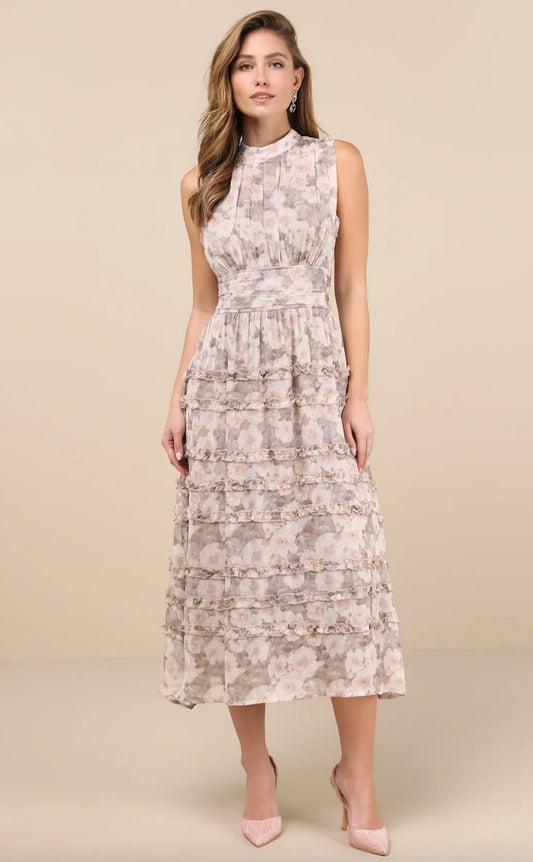 Lulus Dresses | Lulus Happily Sweet Beige Floral Mock Neck Backless Midi Dress Cocktail S Nwt | Color: Cream/Tan | Size: