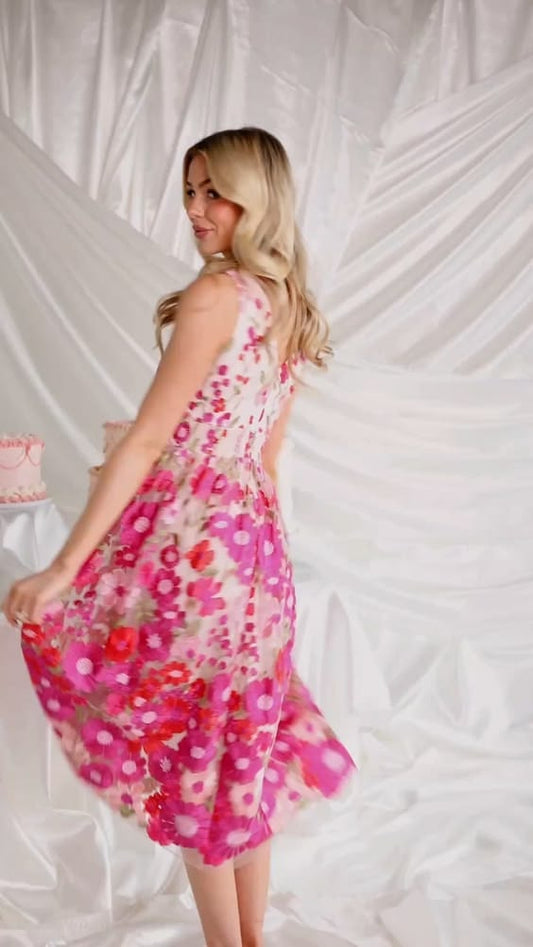 Lila Embroidered Midi Dress in Pink Floral