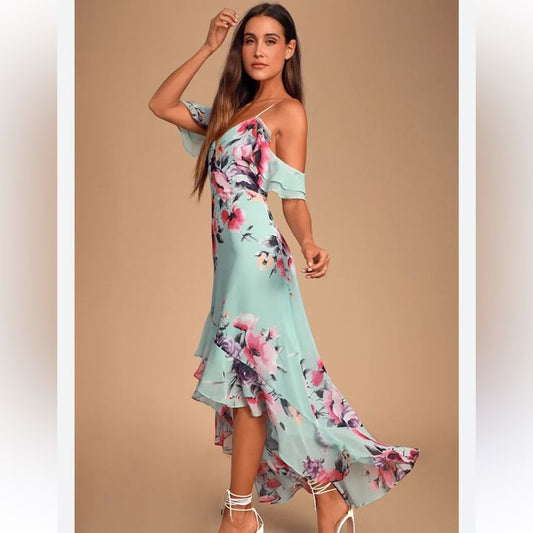 Lulus Dresses | Lulus Love In Bloom Blue Floral Print Off-The-Shoulder High-Low Dress Size L | Color: Blue/Pink | Size: 