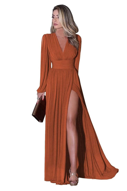 petyoo Long Sleeve Bridesmaid Dresses with Slit Chiffon Wedding Guest Formal Gown