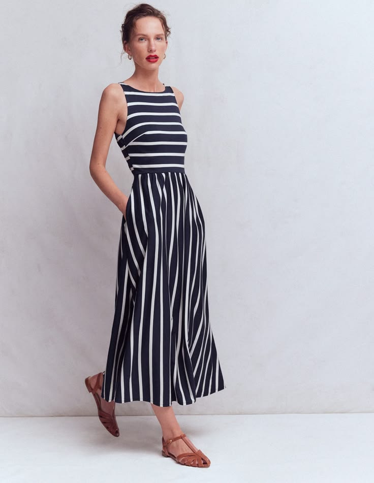 Saoirse Smock Back Dress in Navy Ivory Stripe