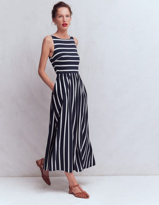 Saoirse Smock Back Dress in Navy Ivory Stripe