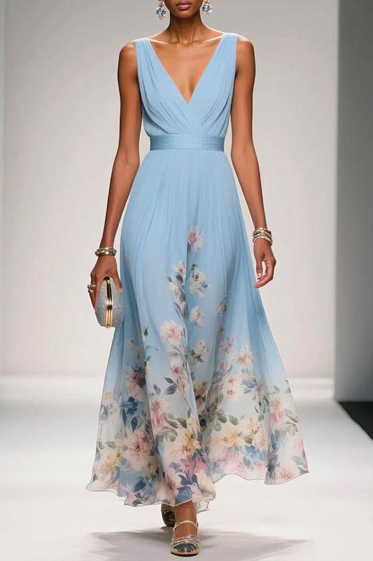 Sky Blue Arabella A-Line Tea Length Chiffon Dress