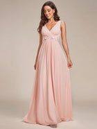 Pink A-Line V Neck Appliques Ruched Wholesale Evening Dresses