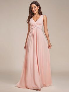 Pink A-Line V Neck Appliques Ruched Wholesale Evening Dresses