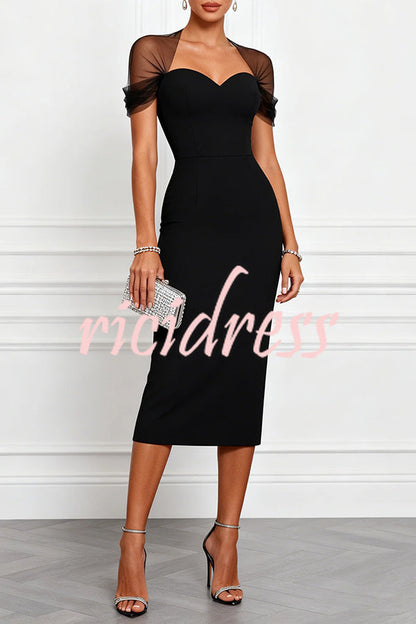 Black Emilie Mesh Sleeve Patchwork Sweetheart Neck Stretch Midi Dress