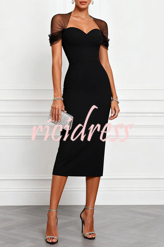 Black Emilie Mesh Sleeve Patchwork Sweetheart Neck Stretch Midi Dress