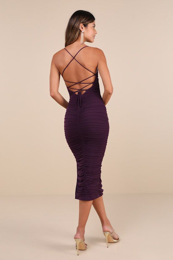 Flirty Instinct Purple Mesh Ruched Lace-Up Bodycon Midi Dress