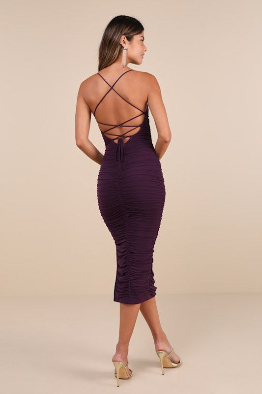 Flirty Instinct Purple Mesh Ruched Lace-Up Bodycon Midi Dress
