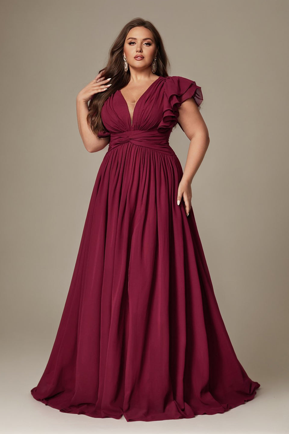 Purple Curveins Plus Size V-Neck Ruffle Sleeve Split A-Line Maxi Dress - 28/5X / Brown